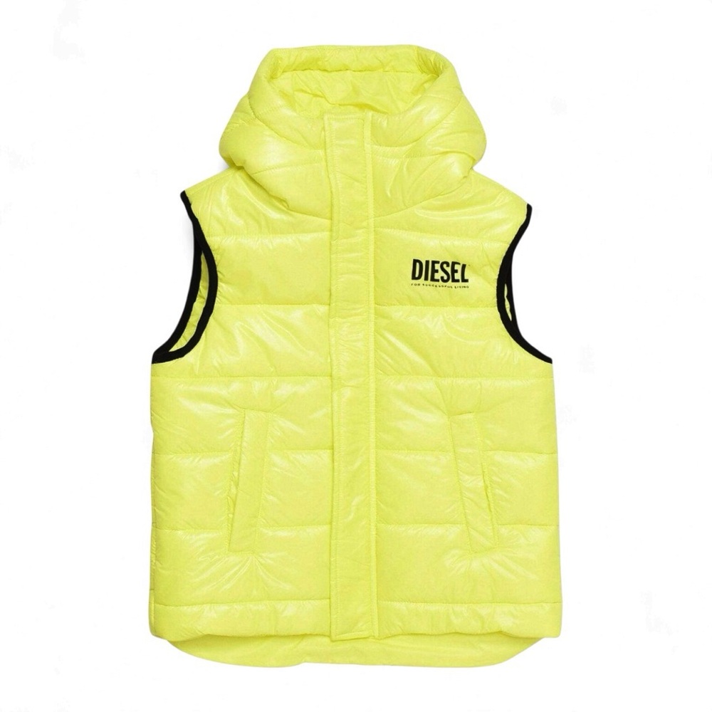 Diesel Neon Yellow Logo Puffer Gilet Vest Size 16 Boys Nylon Hooded Outerwear